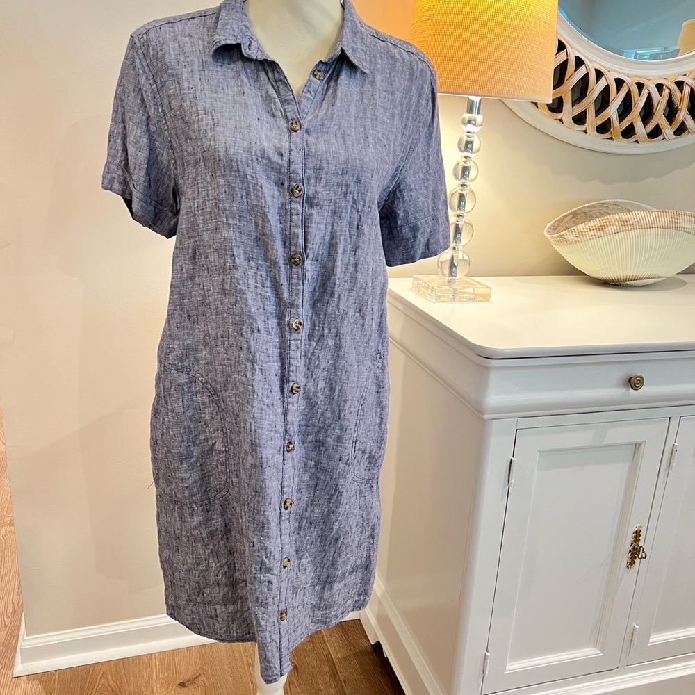 Tahari Blue Gray Buttoned Midi Dress Linen